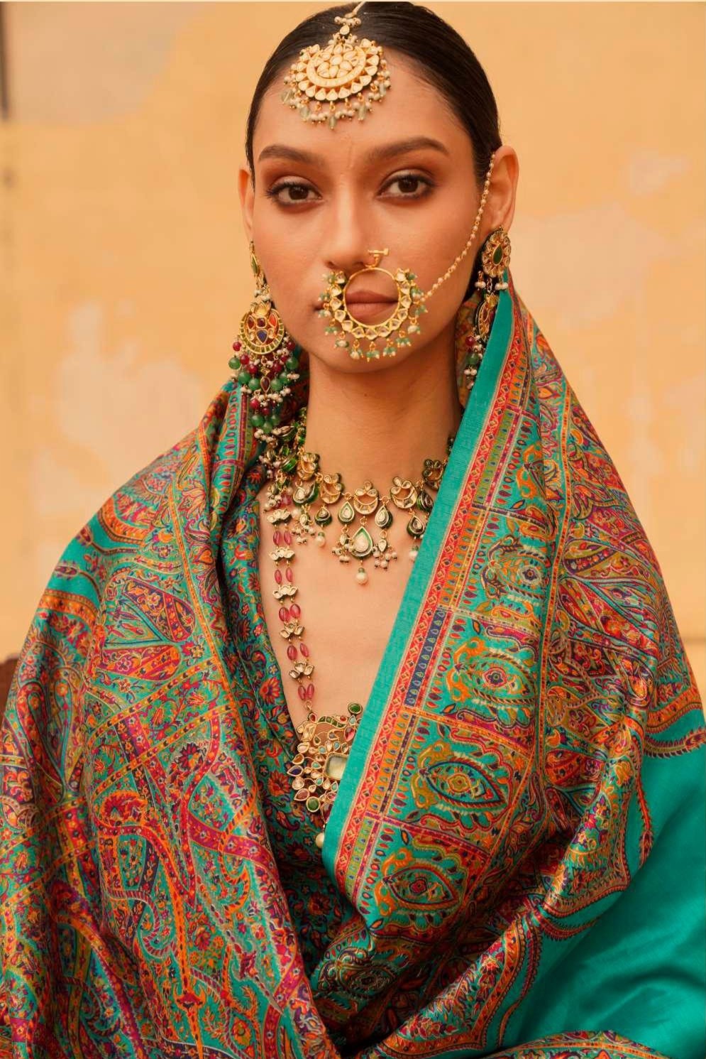 pashmina saree bottle green colour