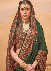 pashmina saree bottle green colour