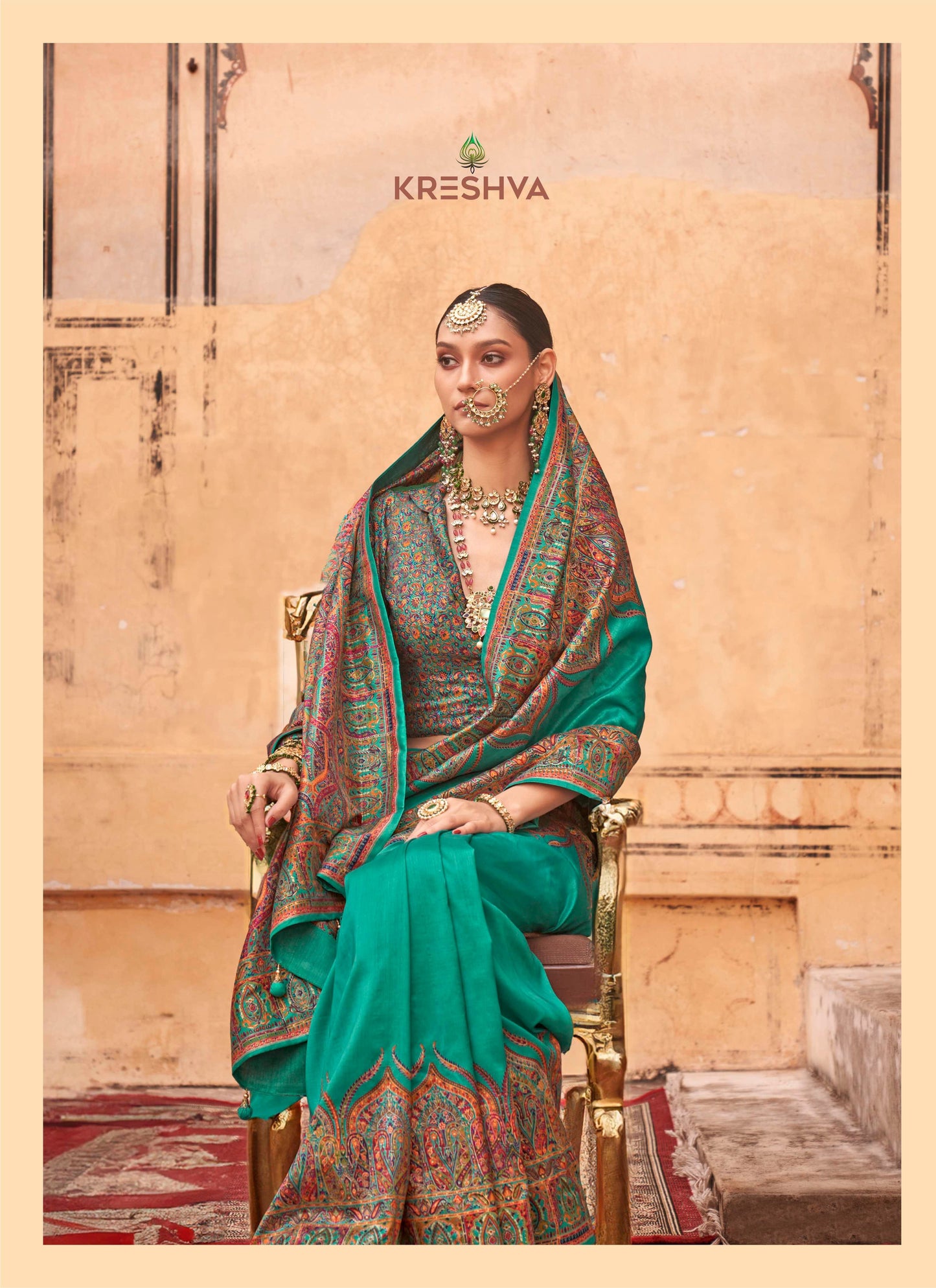 pashmina saree bottle green colour