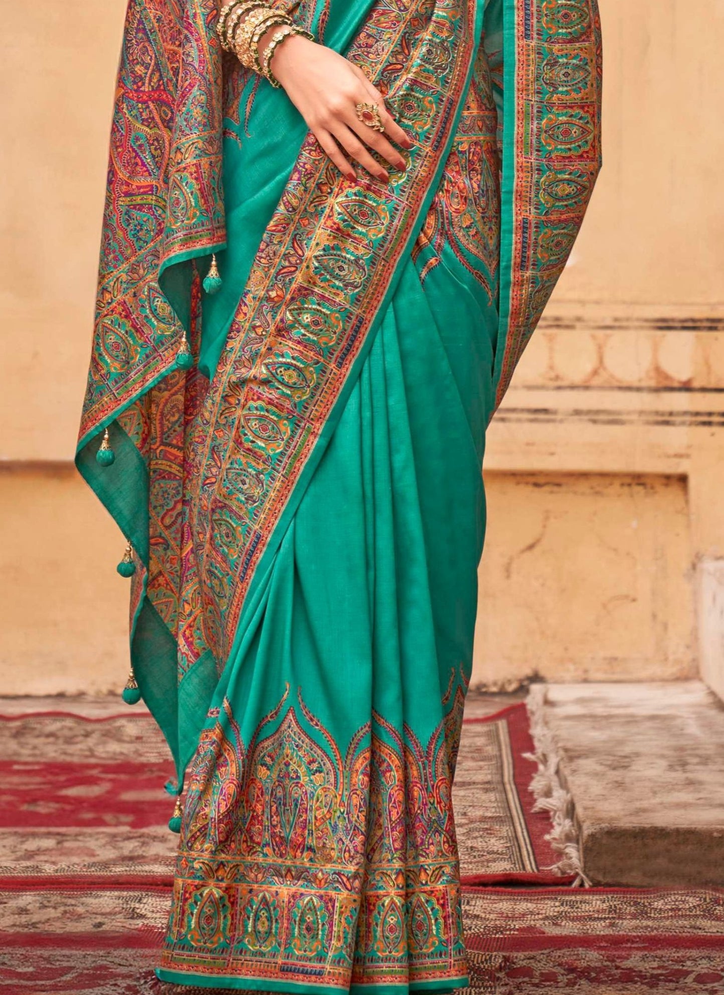 pashmina saree bottle green colour