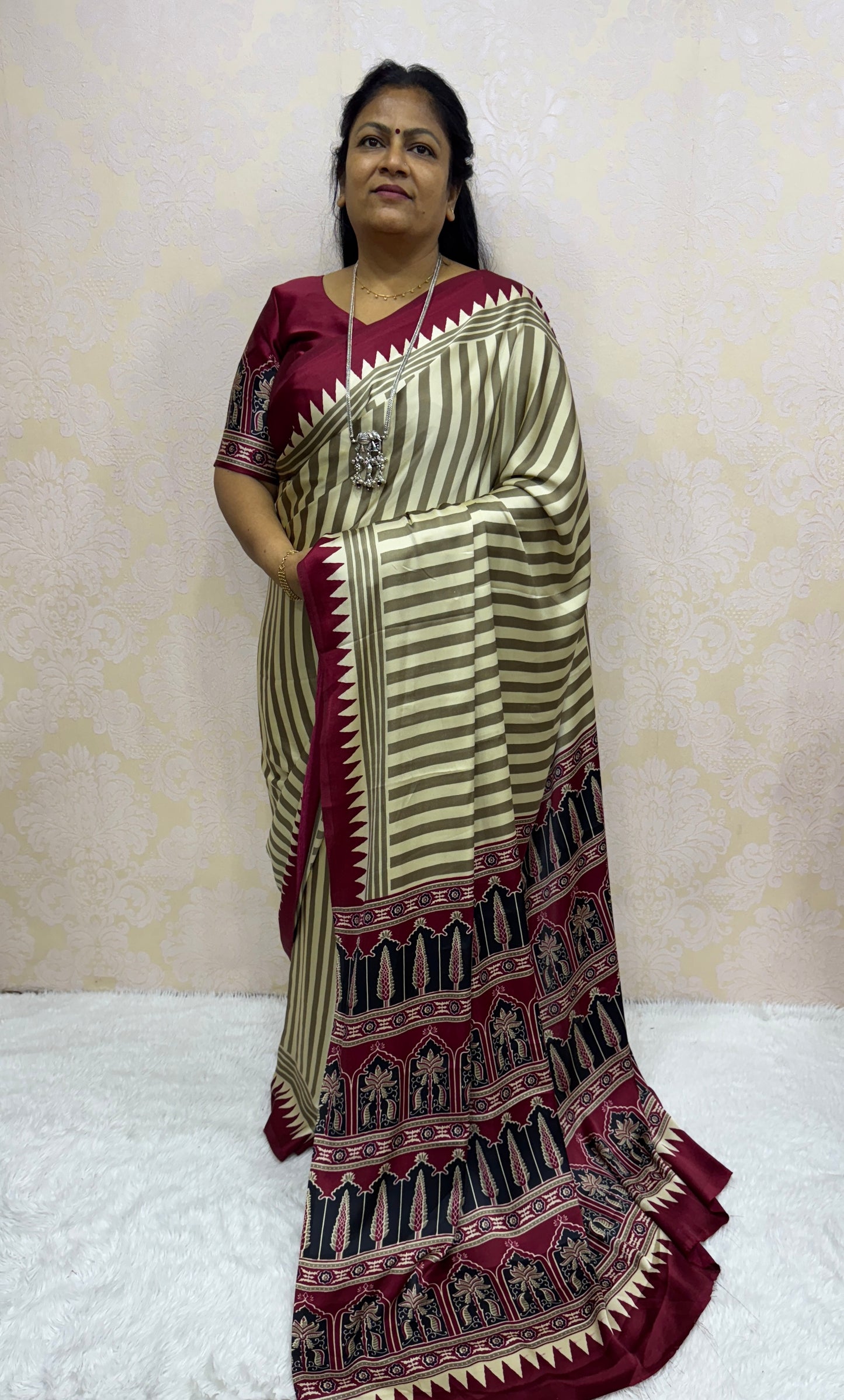 Cream With Maroon Border Ajrakh Hand-Printed Modal Silk Saree