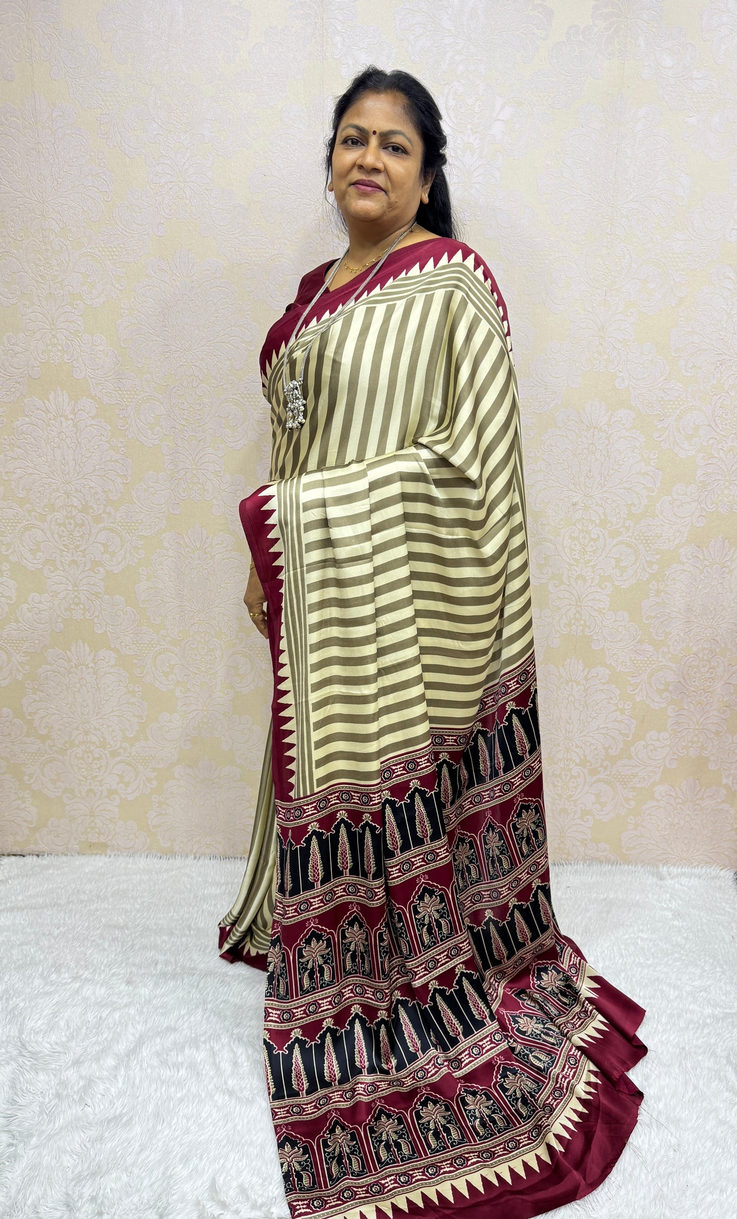 Cream With Maroon Border Ajrakh Hand-Printed Modal Silk Saree