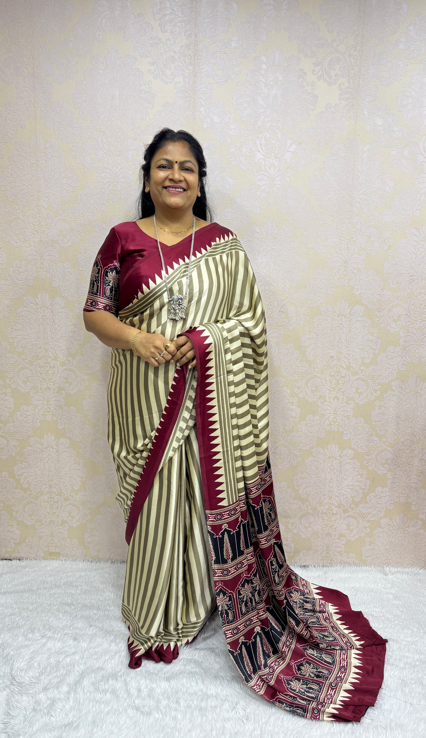 Cream With Maroon Border Ajrakh Hand-Printed Modal Silk Saree