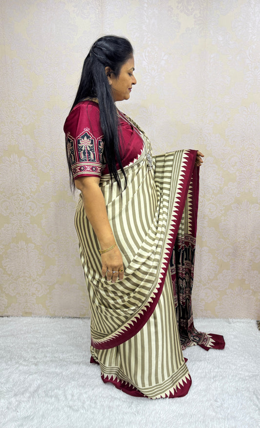 Cream With Maroon Border Ajrakh Hand-Printed Modal Silk Saree