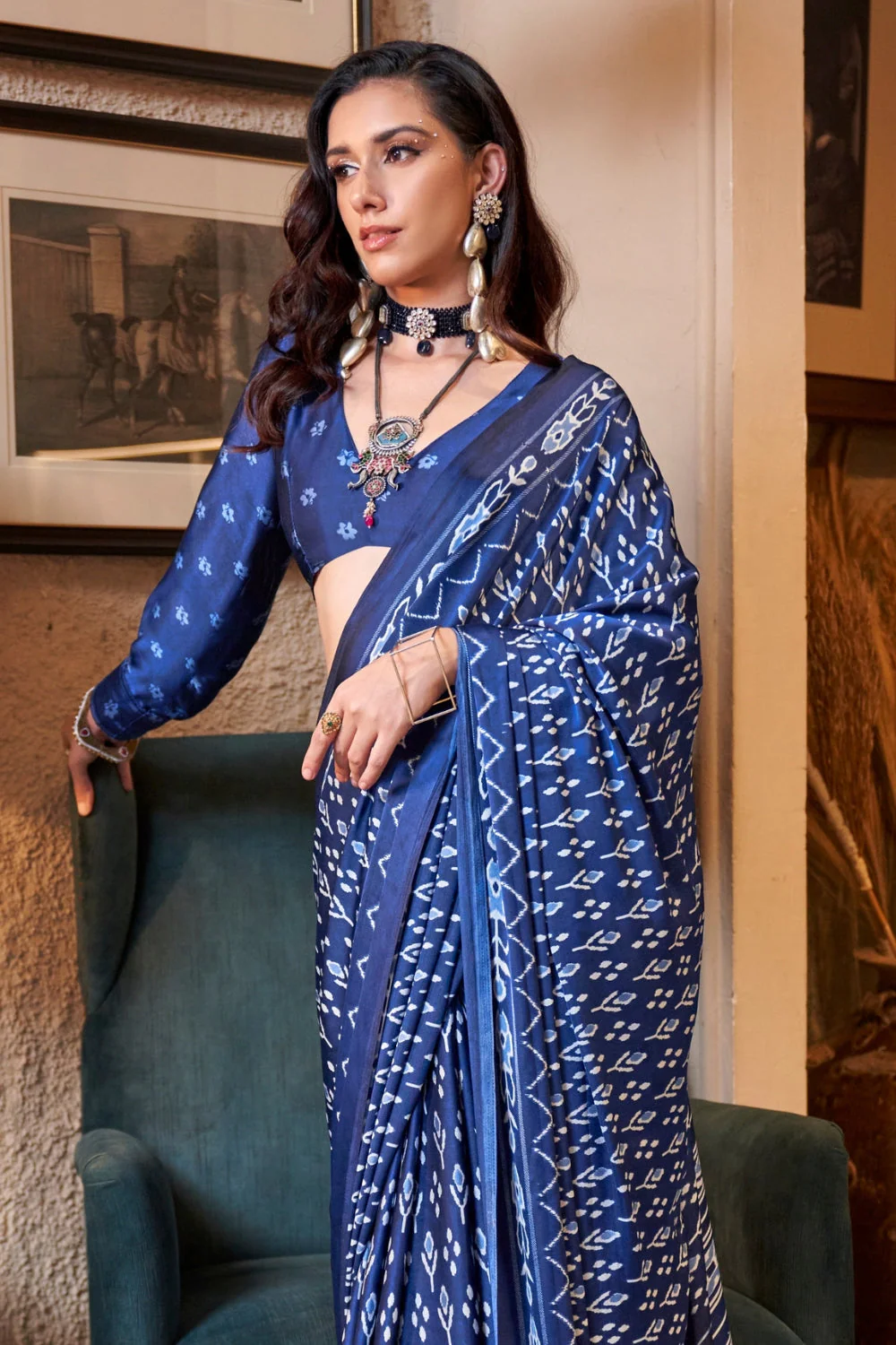 Blue Ajrakh Printed Crepe Saree