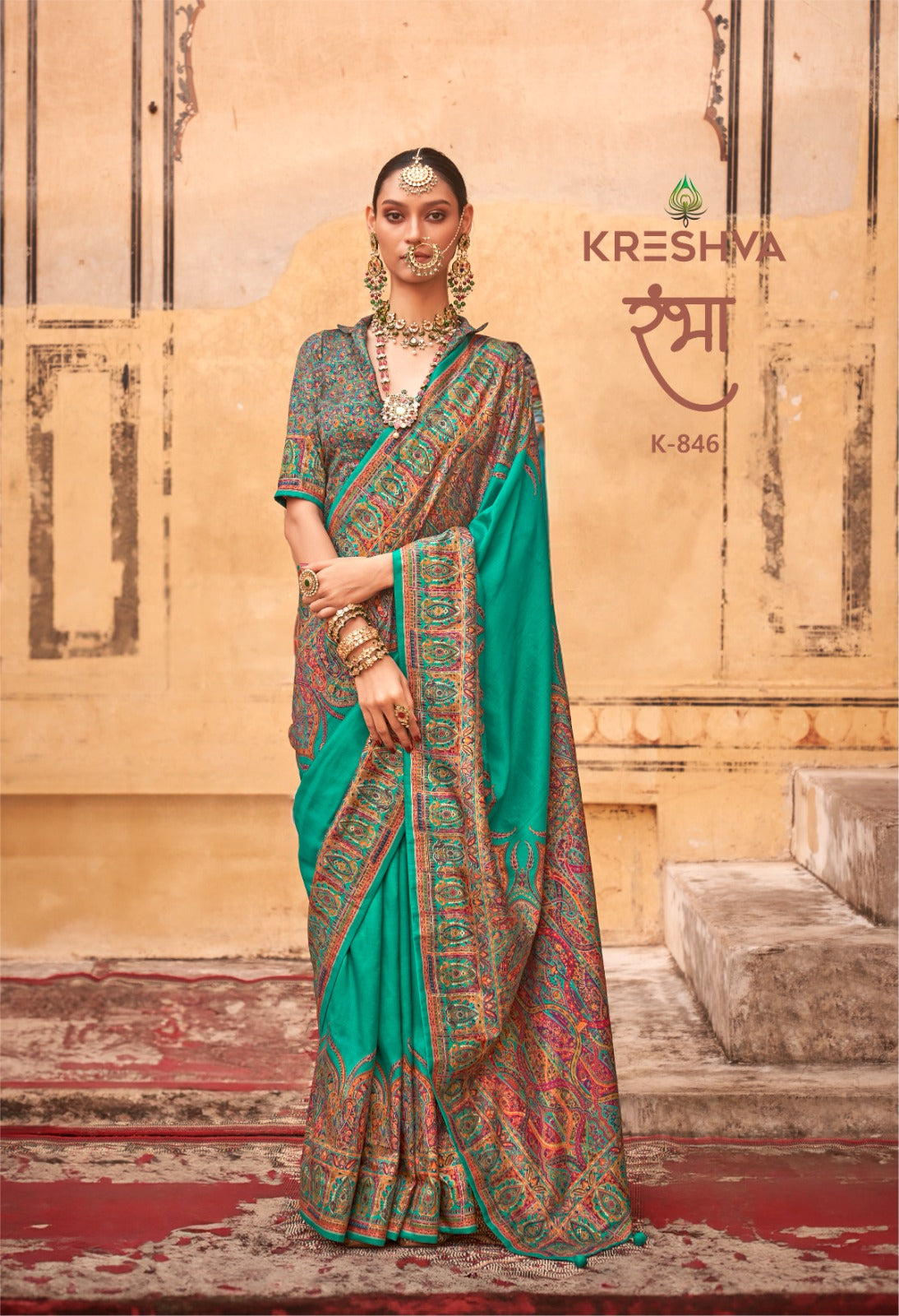 pashmina saree bottle green colour