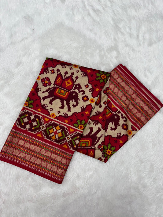 TRADITIONAL ELEPHENT MOTIFS WITH CHHABDI DESIGN SEMI DOUBLE IKAT PATOLA SAREE