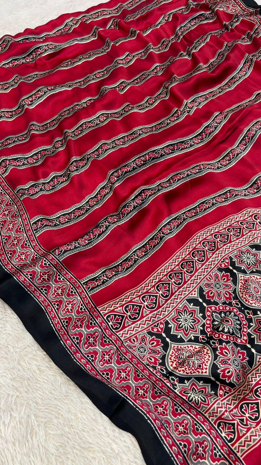 Black and red Ajrakh Printed Modal Silk Plain Saree With Ajrakh Blouse P4-1