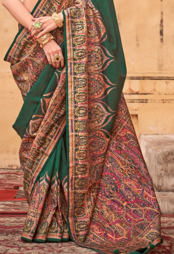 pashmina saree bottle green colour