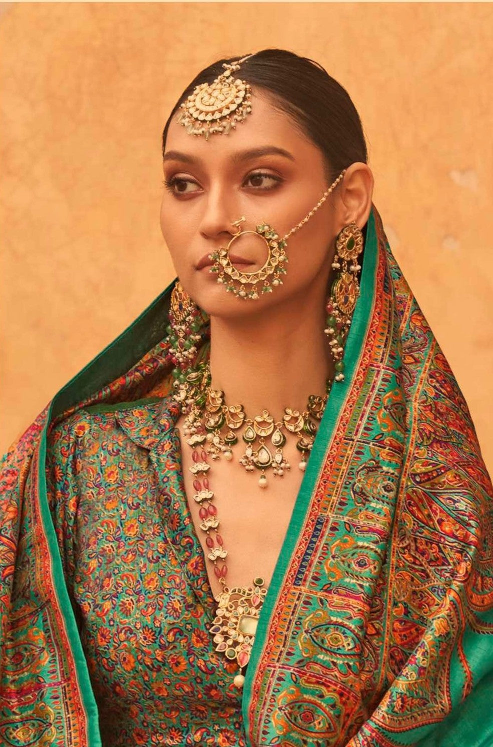 pashmina saree bottle green colour