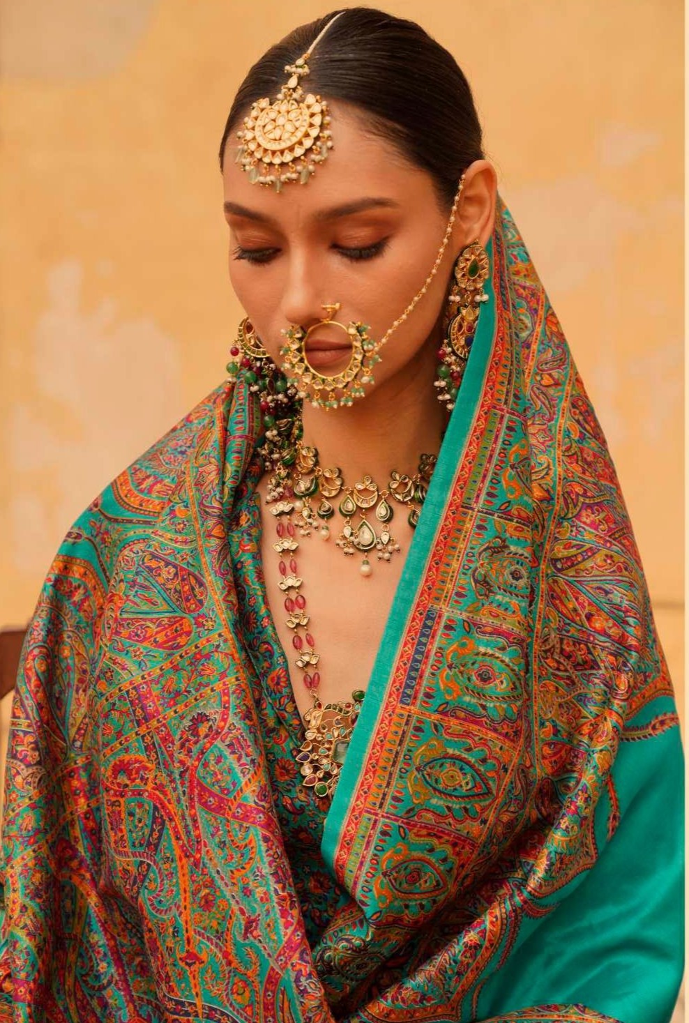 pashmina saree bottle green colour