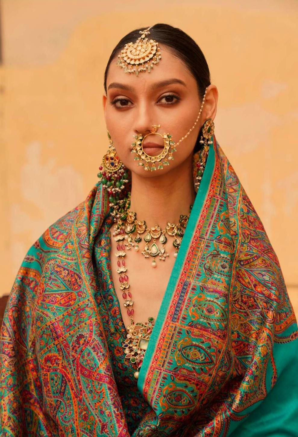 pashmina saree bottle green colour