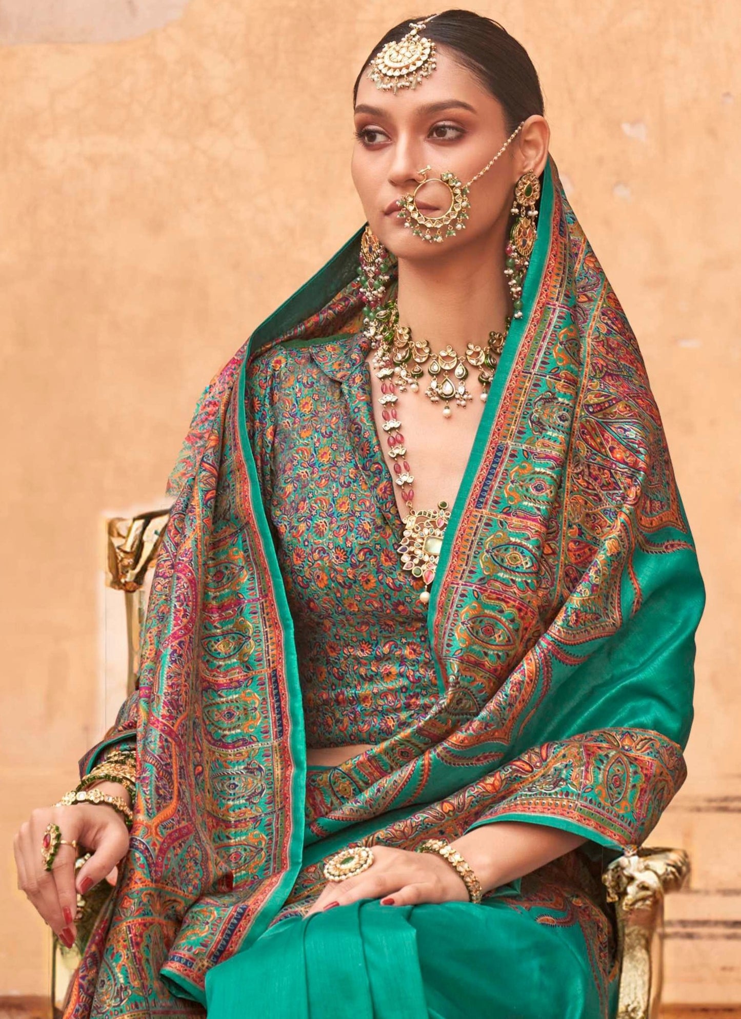 pashmina saree bottle green colour