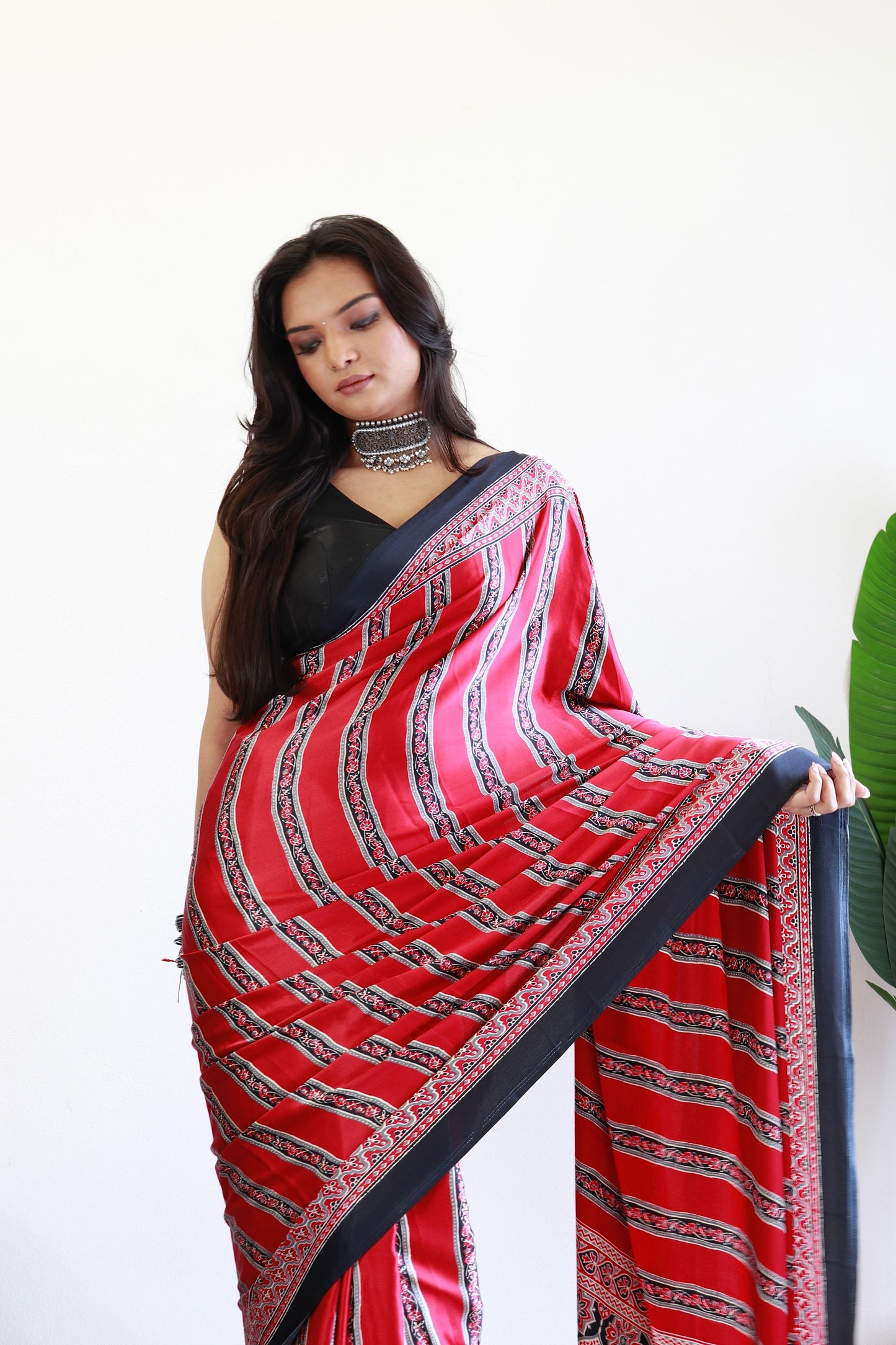 Black and red Ajrakh Printed Modal Silk Plain Saree With Ajrakh Blouse P4-1