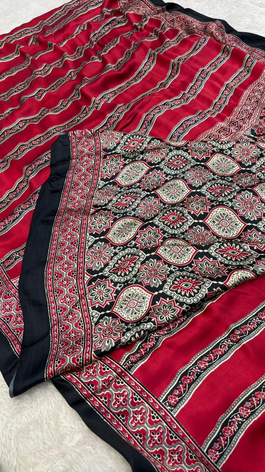 Black and red Ajrakh Printed Modal Silk Plain Saree With Ajrakh Blouse P4-1