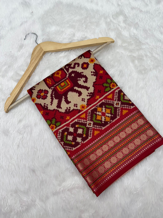 TRADITIONAL ELEPHENT MOTIFS WITH CHHABDI DESIGN SEMI DOUBLE IKAT PATOLA SAREE