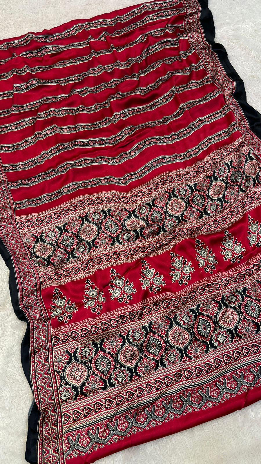 Black and red Ajrakh Printed Modal Silk Plain Saree With Ajrakh Blouse P4-1