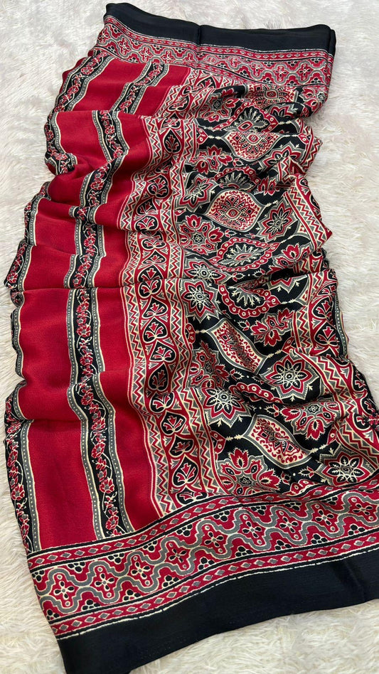 Black and red Ajrakh Printed Modal Silk Plain Saree With Ajrakh Blouse P4-1