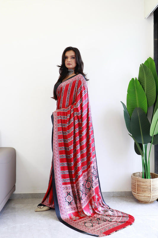 Black and red Ajrakh Printed Modal Silk Plain Saree With Ajrakh Blouse P4-1