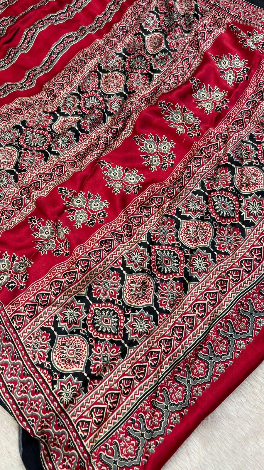 Black and red Ajrakh Printed Modal Silk Plain Saree With Ajrakh Blouse P4-1