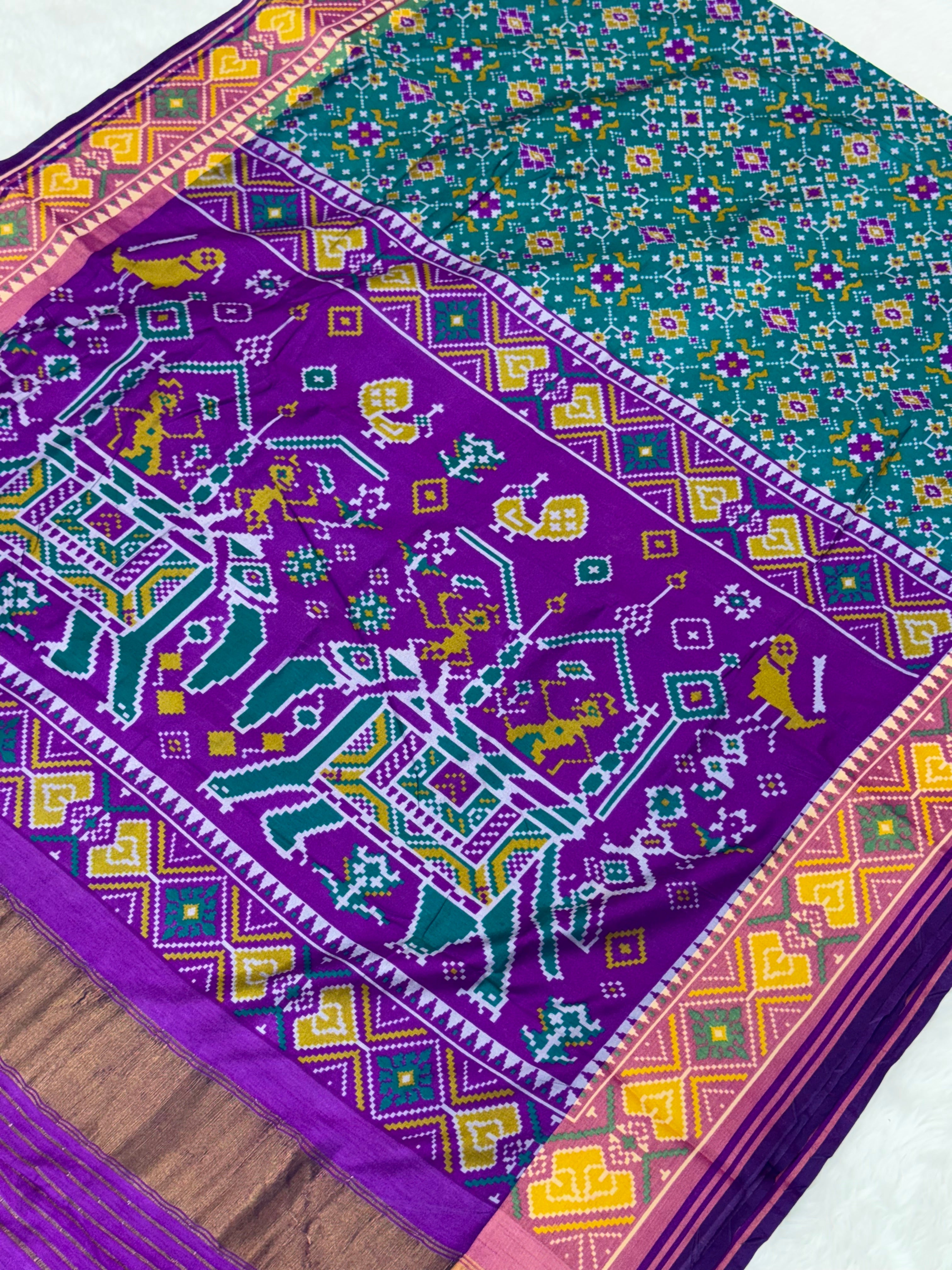 Bottle green ajrakh design pure look patola saree