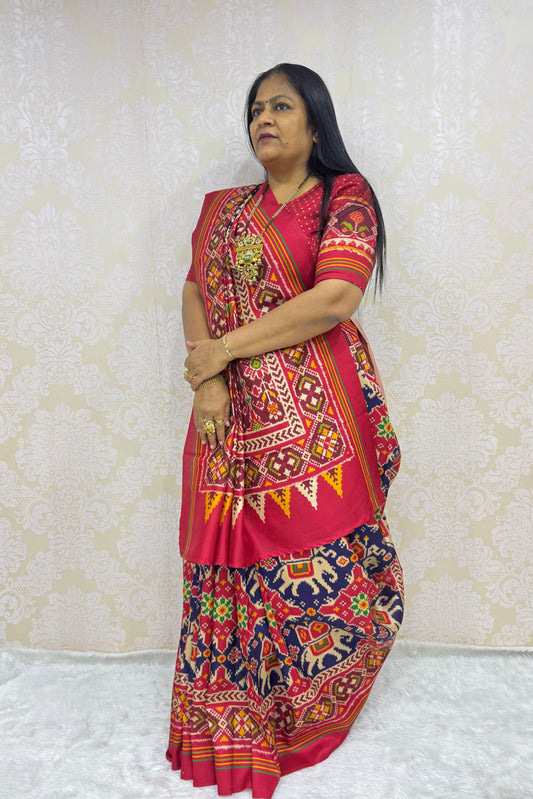 TRADITIONAL ELEPHENT MOTIFS WITH CHHABDI DESIGN SEMI DOUBLE IKAT PATOLA SAREE