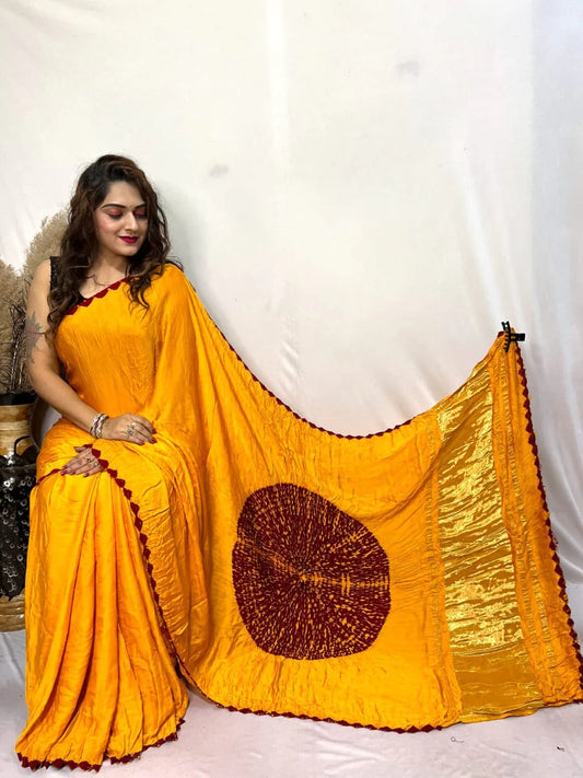 Pretty Yellow Shibori Bandhni Border Pure Modal Silk Plian Saree