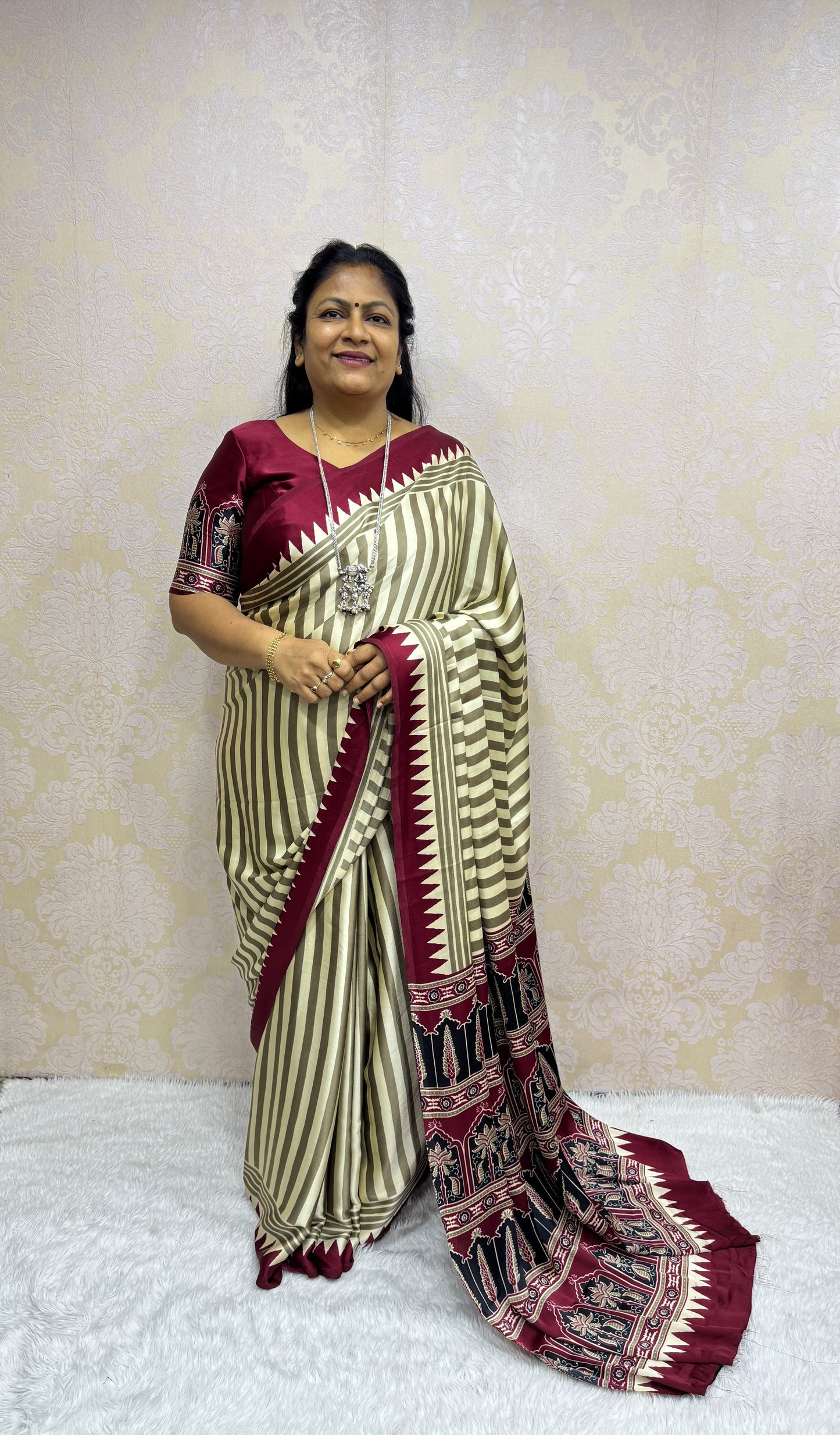 Cream With Maroon Border Ajrakh Hand-Printed Modal Silk Saree