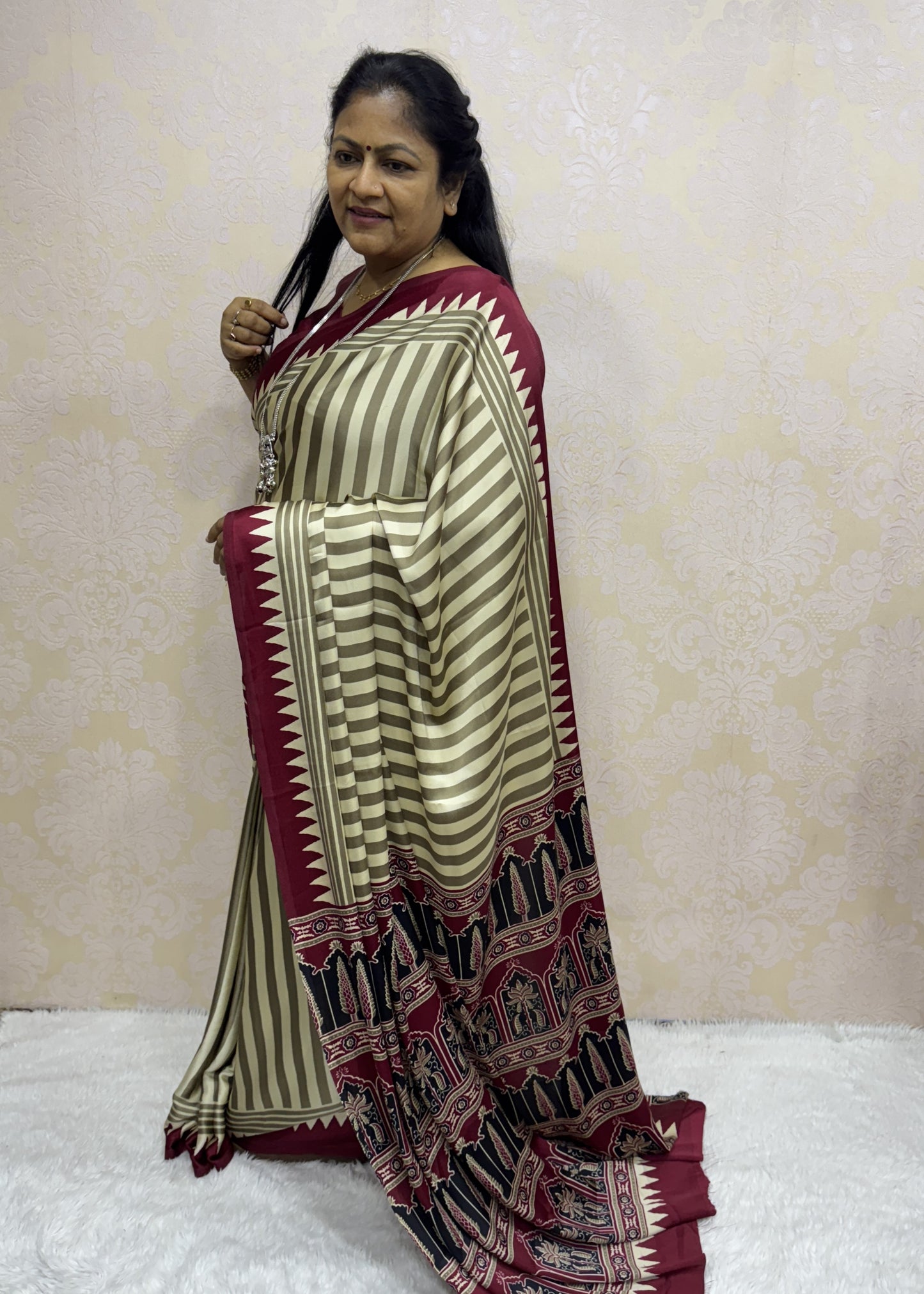 Cream With Maroon Border Ajrakh Hand-Printed Modal Silk Saree