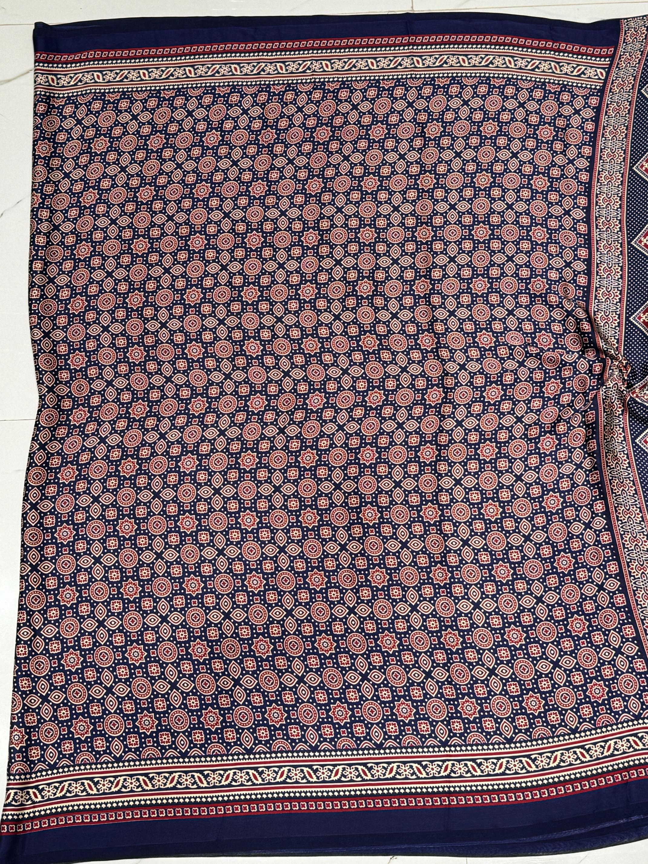 Blue Ajrakh Printed Soft Modal Silk Natural Print Saree P1