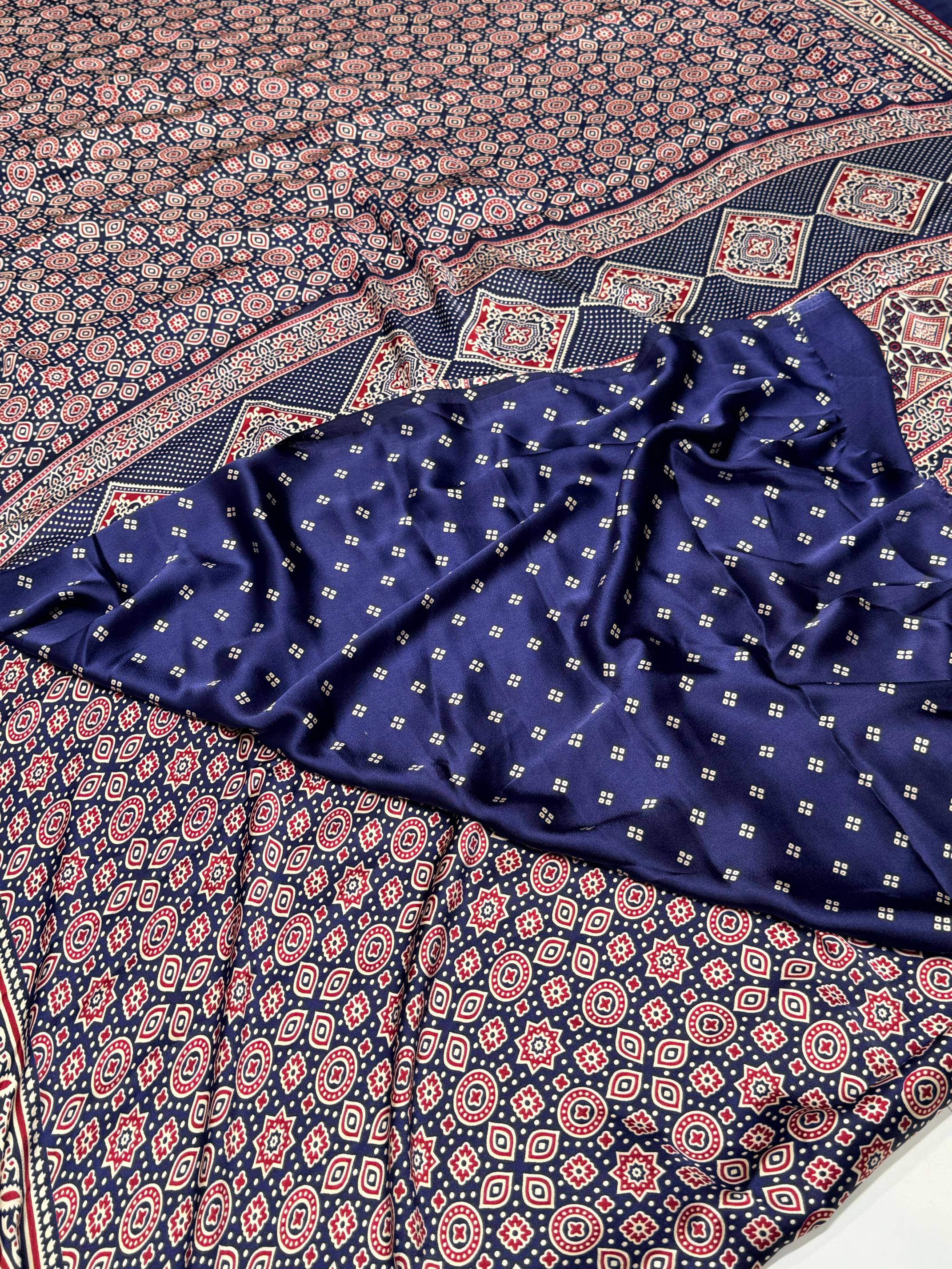 Blue Ajrakh Printed Soft Modal Silk Natural Print Saree P1