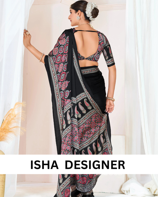 Black Ajrakh Printed Modal Silk Plain Saree With Ajrakh Blouse P6