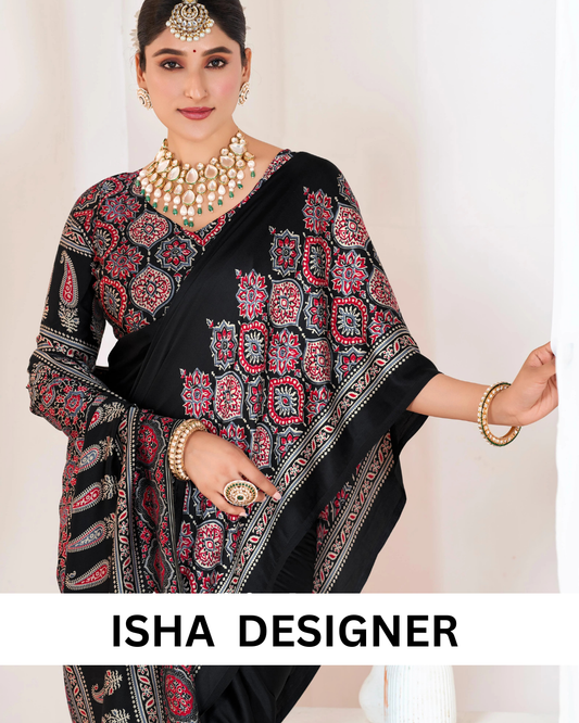 Black Ajrakh Printed Modal Silk Plain Saree With Ajrakh Blouse P6