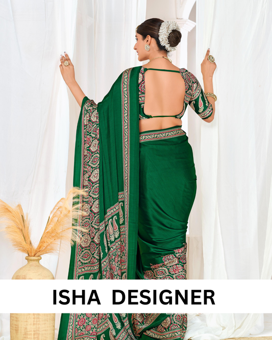Green Ajrakh Printed Modal Silk Plain Saree With Ajrakh Blouse P6