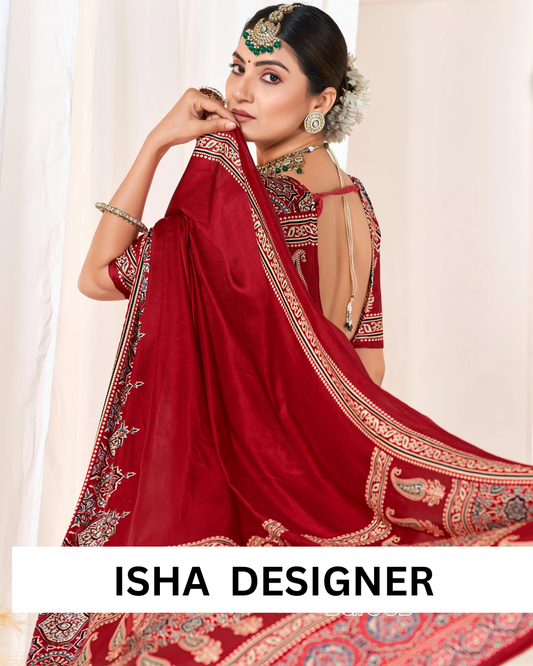 Maroon Ajrakh Printed Modal Silk Plain Saree With Ajrakh Blouse P6