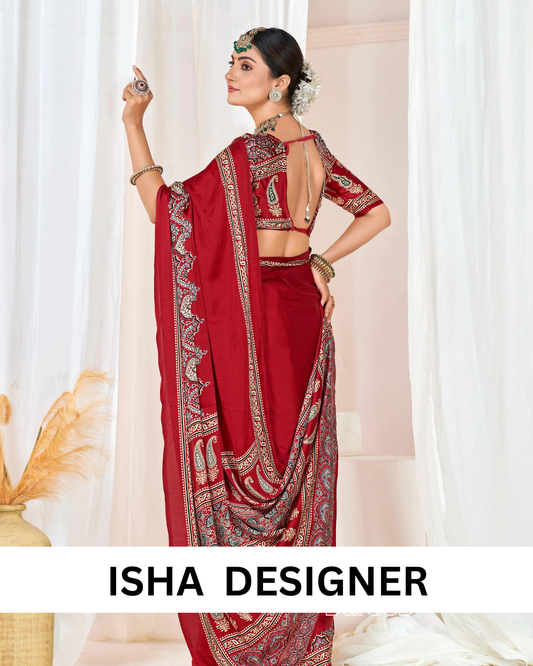 Maroon Ajrakh Printed Modal Silk Plain Saree With Ajrakh Blouse P6