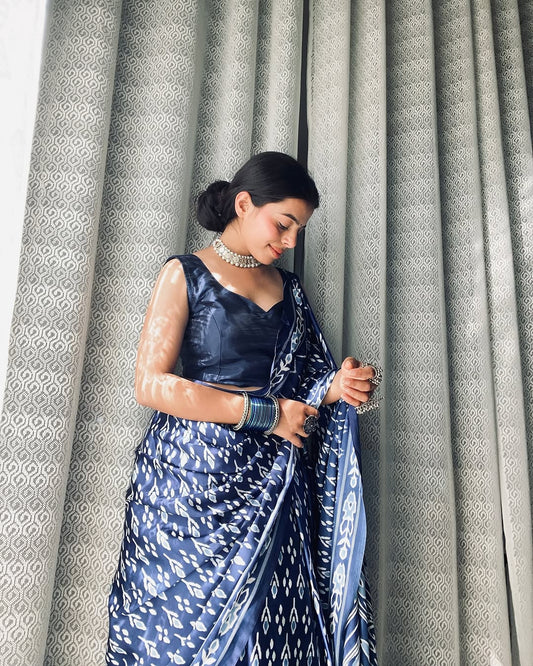 Soft Blue Ajrakh Patola Printed Satin Crepe Saree