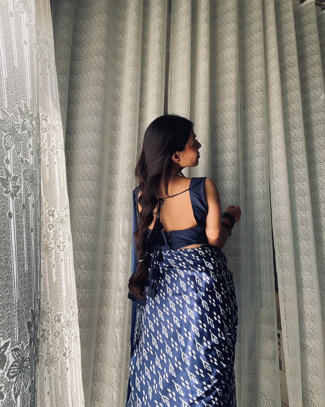 Blue Ajrakh Printed Crepe Saree