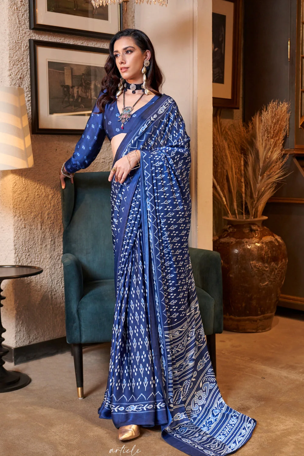 Blue Ajrakh Printed Crepe Saree