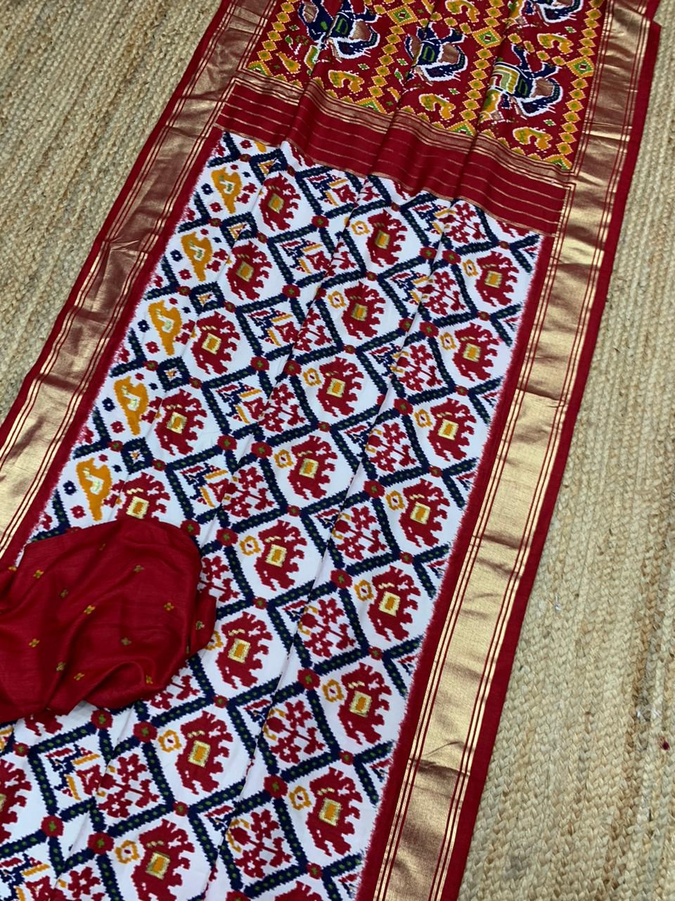 White And Red Patola Silk Saree