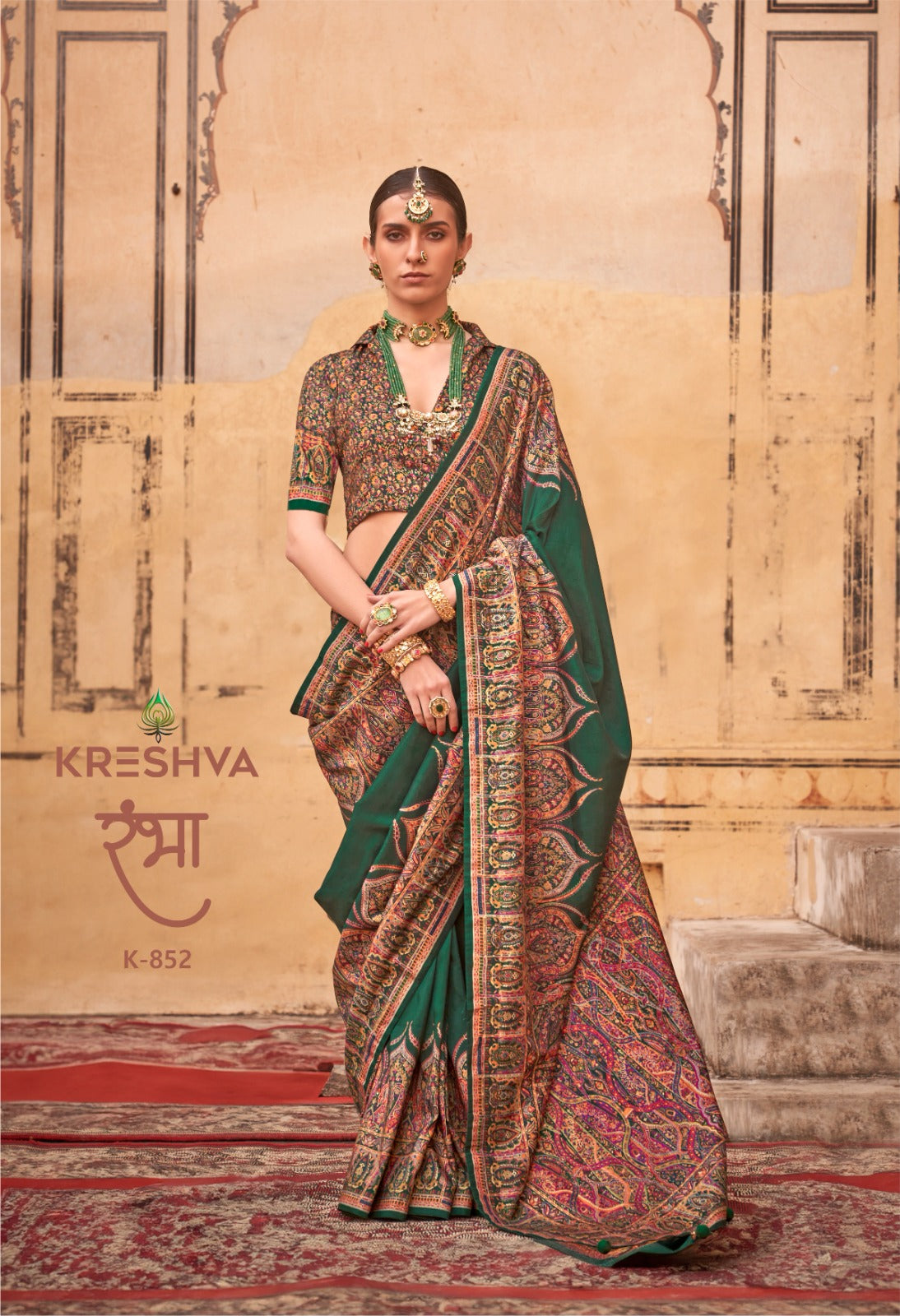 pashmina saree bottle green colour