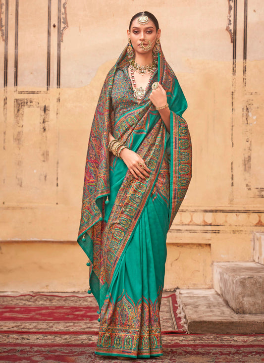 pashmina saree bottle green colour